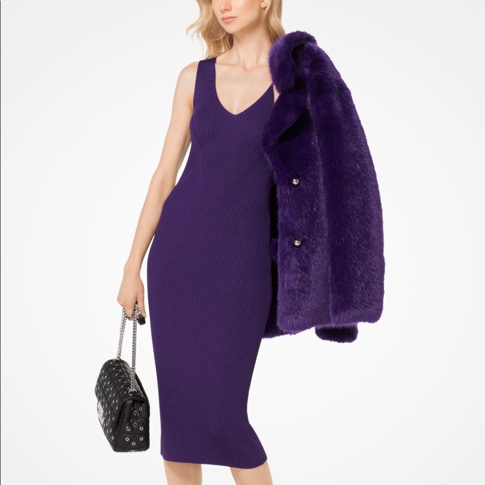 Michael Kors Ribbed V-Neck Sweater Dress in Iris